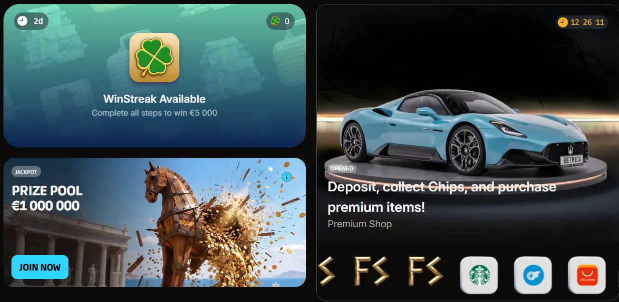 Betmica promotions — 100% up to £500 + 200 Free Spins welcome bonus, WinStreak £5,000, £1,000,000 jackpot prize pool and Premium Shop